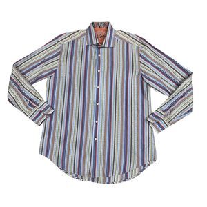 Robert Graham Striped Button Down Shirt Men's M 100% Cotton Paisley Flip Cuff